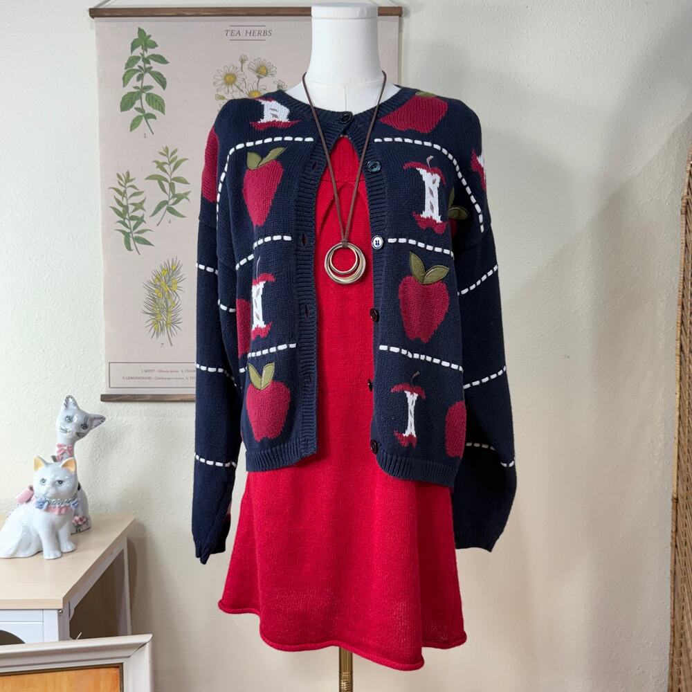 Y2k Embroidered Apple Cardigan Sweater Whimsy Twee Novelty Art Teacher Cottage L - Picture 5 of 10